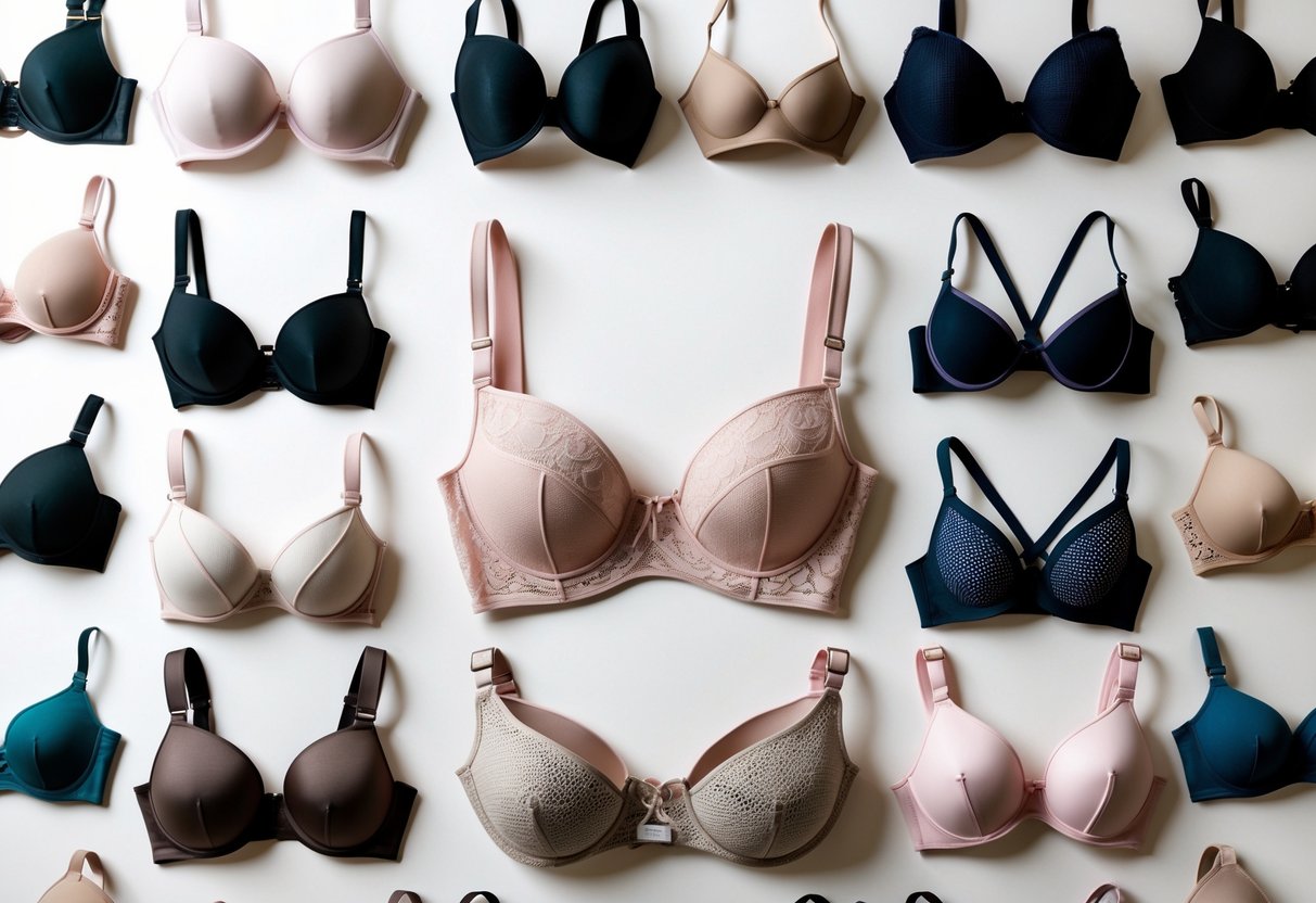 A collection of 29 different types of bras arranged neatly with a balconette bra highlighted in the center on a neutral background.