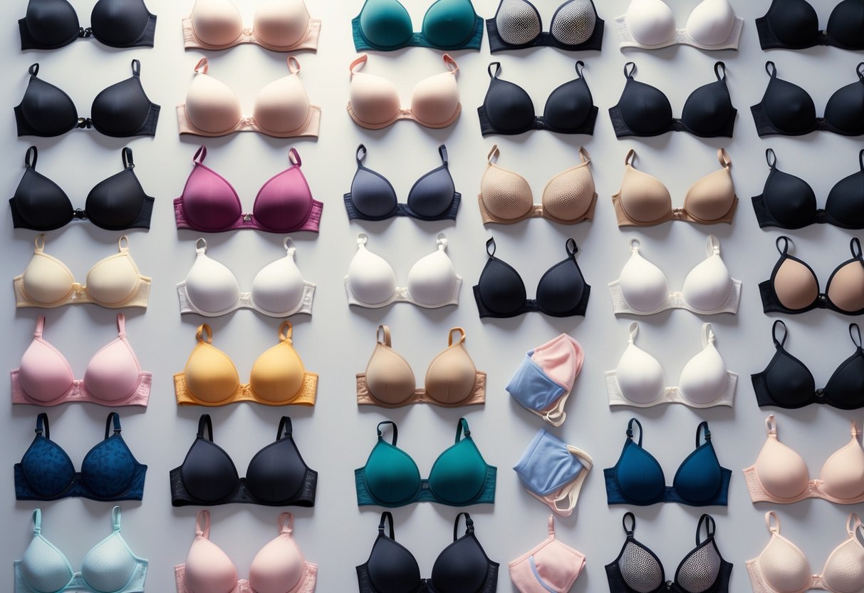 A neatly arranged collection of 29 different bras displayed on a neutral background.