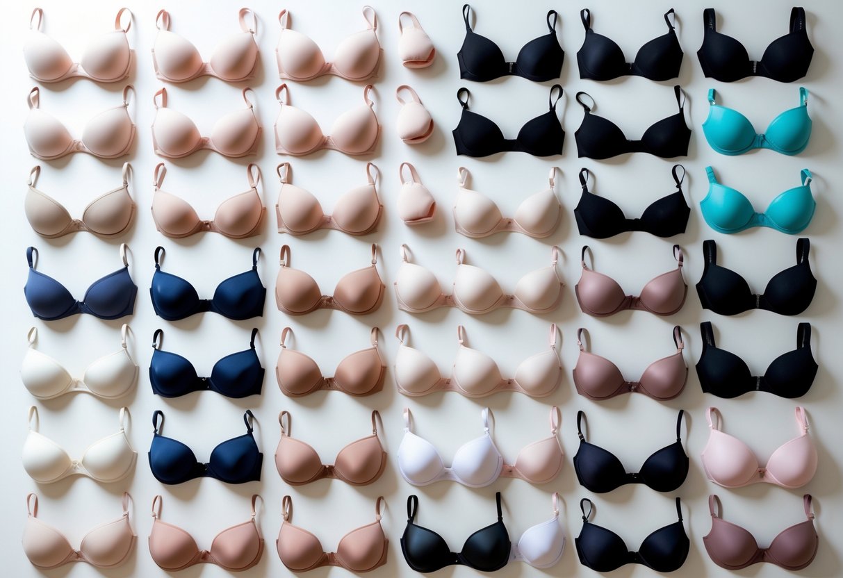 A collection of 29 different types of bras arranged neatly on a plain background.