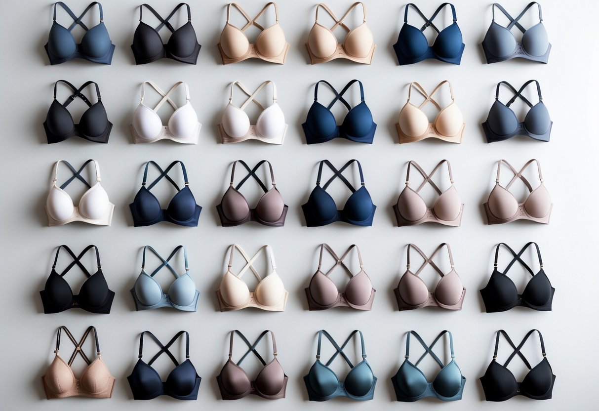 A collection of 29 different convertible bras arranged neatly on a plain background, showing various styles and strap options.