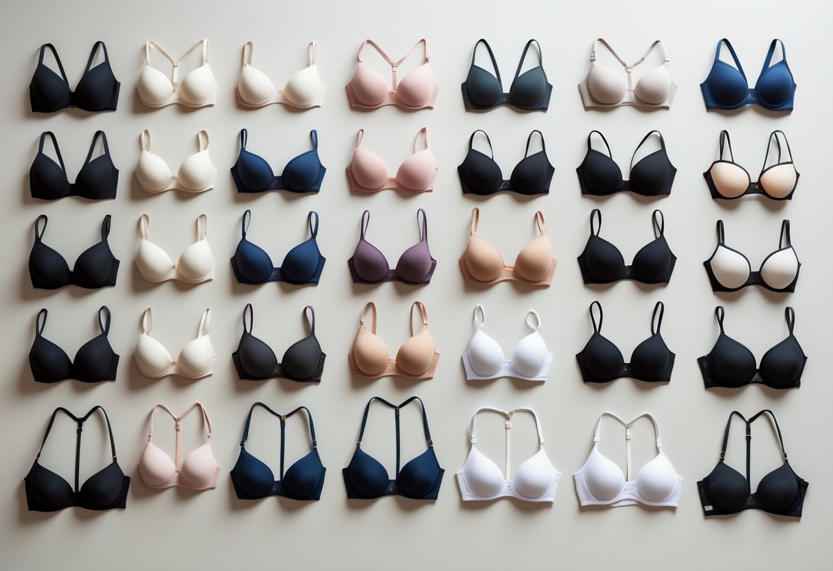 A collection of 29 different types of bras arranged neatly on a neutral background.