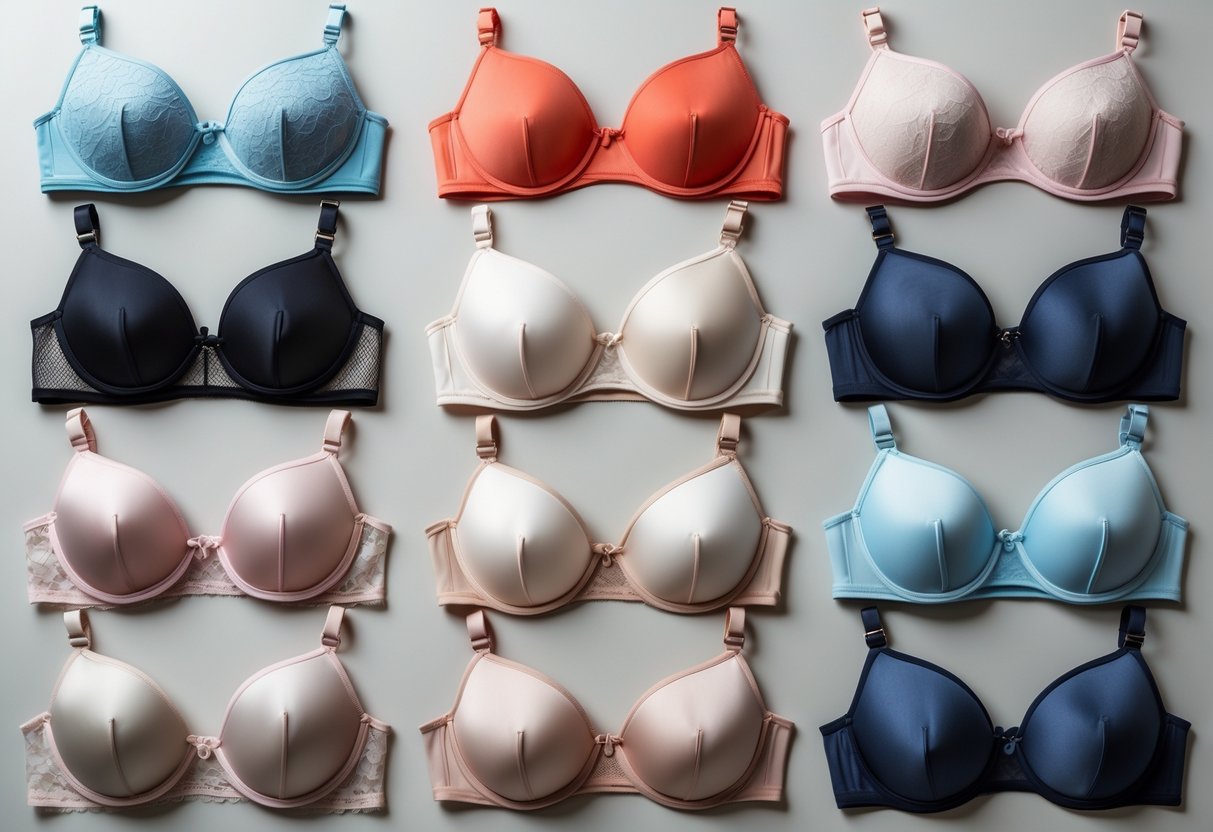 A collection of 29 different demi bras arranged neatly on a neutral background, showing various colors and styles.