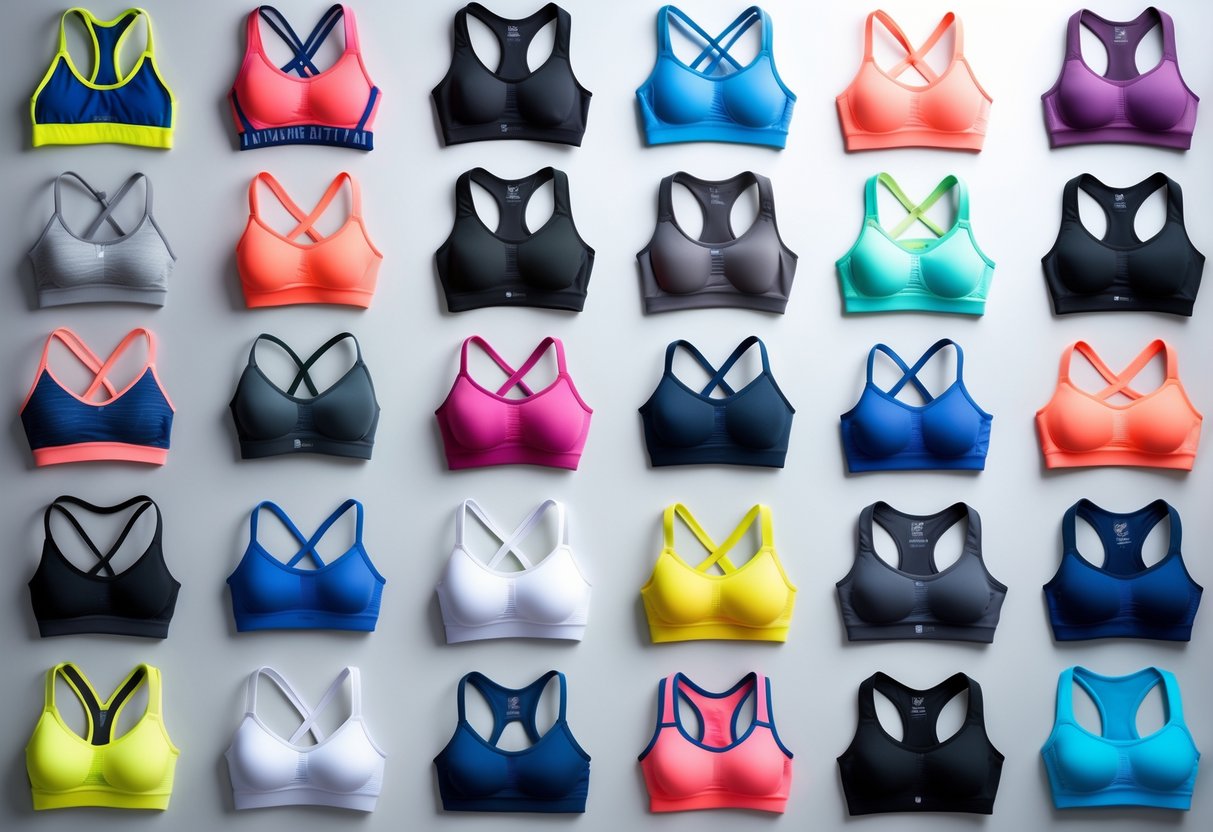 A collection of 29 different sports bras in various styles and colors arranged neatly on a plain background.