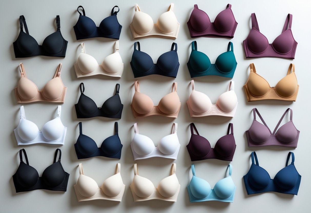 A collection of 29 different seamless bras arranged neatly on a plain background, showing various styles and colors.