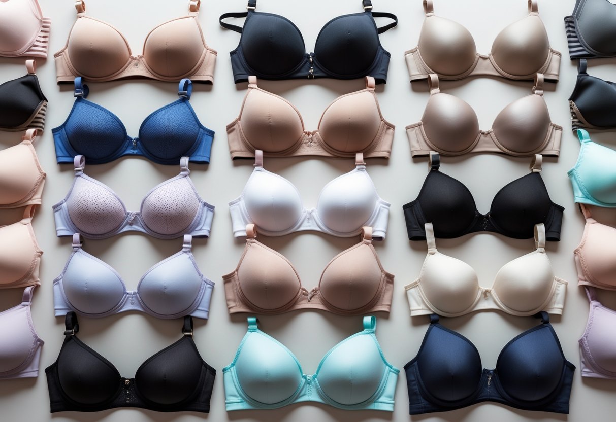A collection of 29 different bras arranged neatly on a plain background, showing various styles and colors.