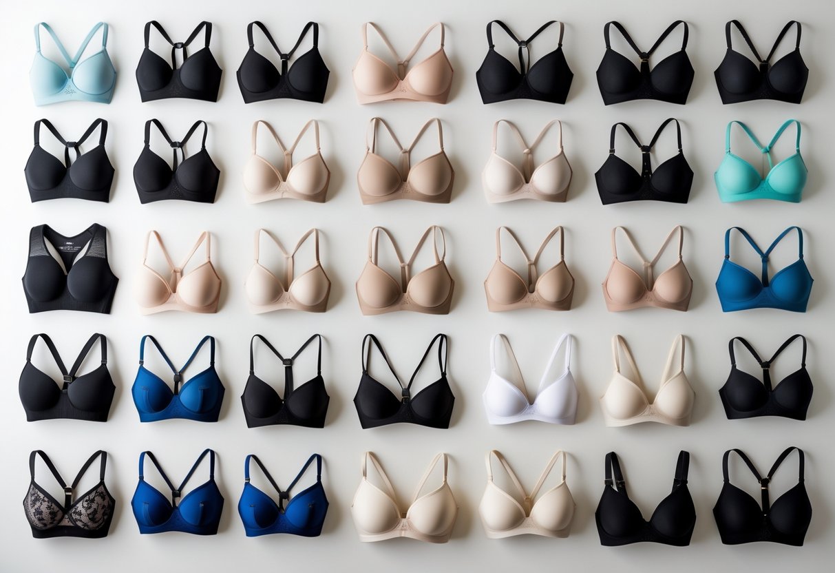 A collection of 29 different wireless bras in various styles and colors arranged neatly on a plain background.