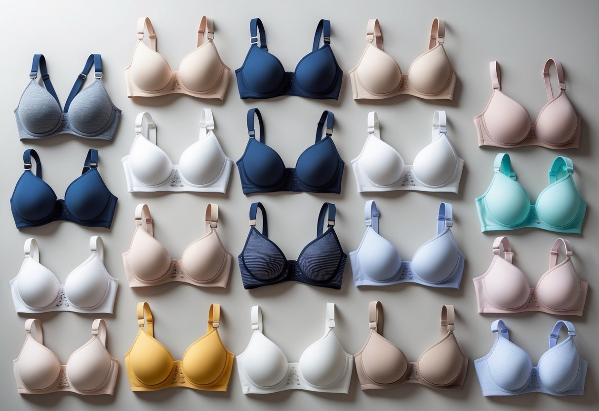 A display of 29 different types of nursing bras arranged neatly on a plain background.