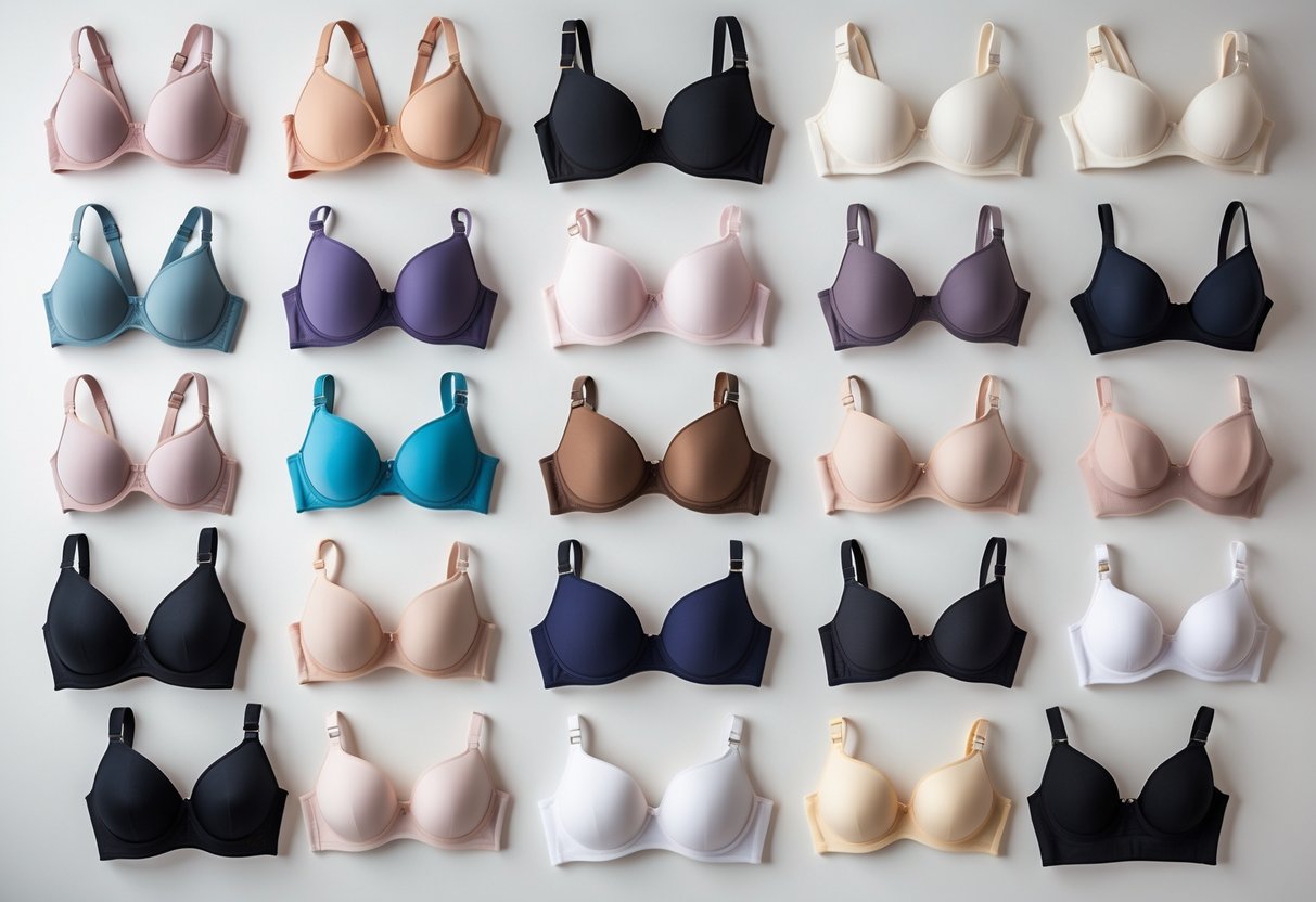 A collection of various bras including racerback styles arranged neatly on a neutral background.