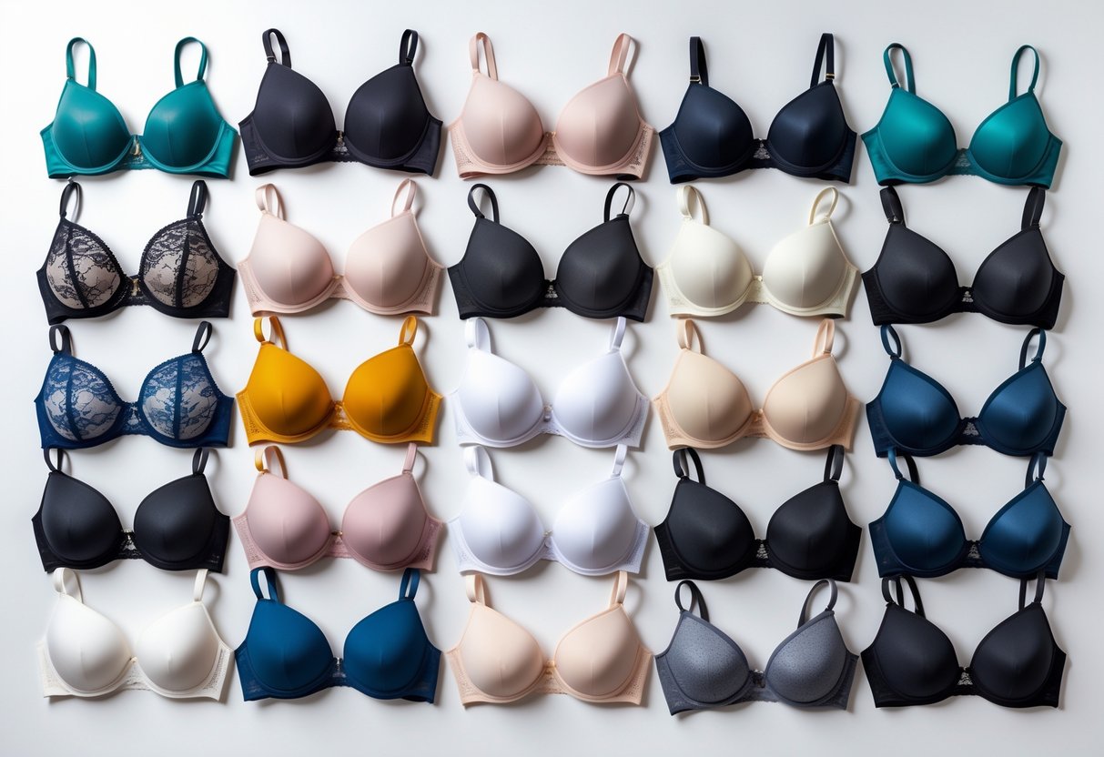 A collection of 29 different longline bras displayed neatly on a white background.