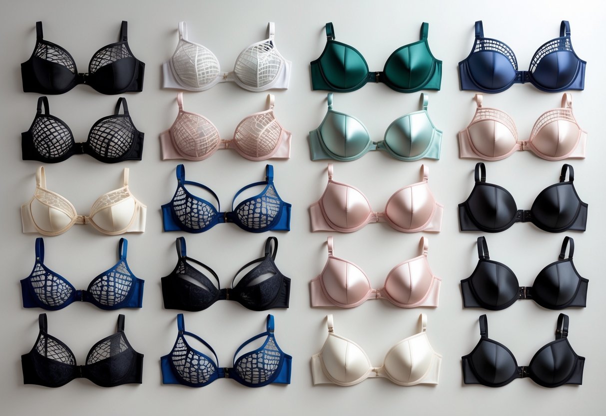 A collection of 29 different cage bras arranged neatly on a plain background, showing various designs and colors.