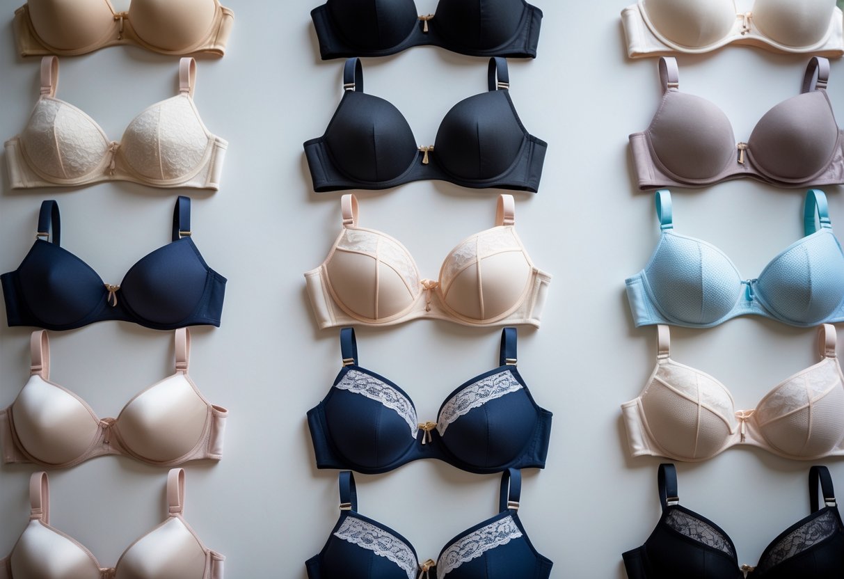 A collection of 29 different front closure bras arranged neatly on a neutral background.