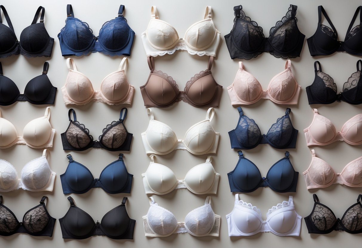 A collection of 29 different lace bras arranged neatly on a plain background.