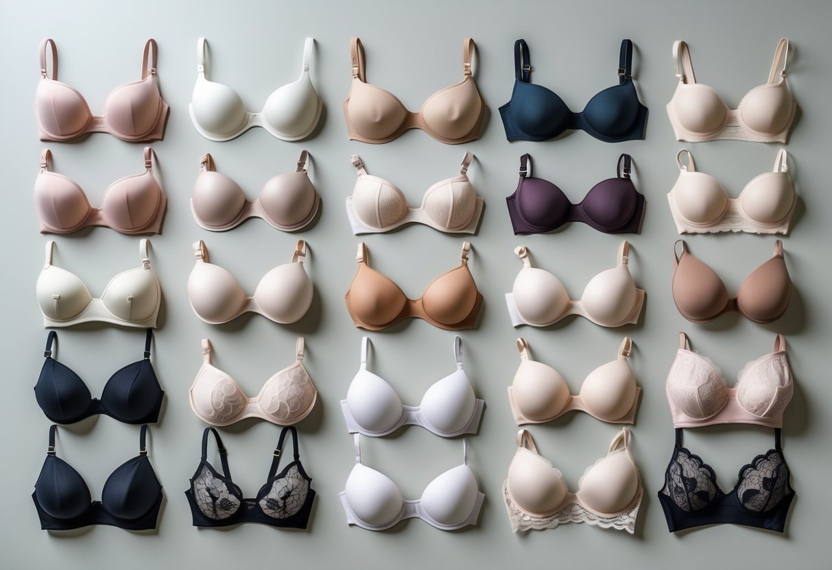 A flat lay of 29 different types of stick-on bras arranged neatly on a plain surface.