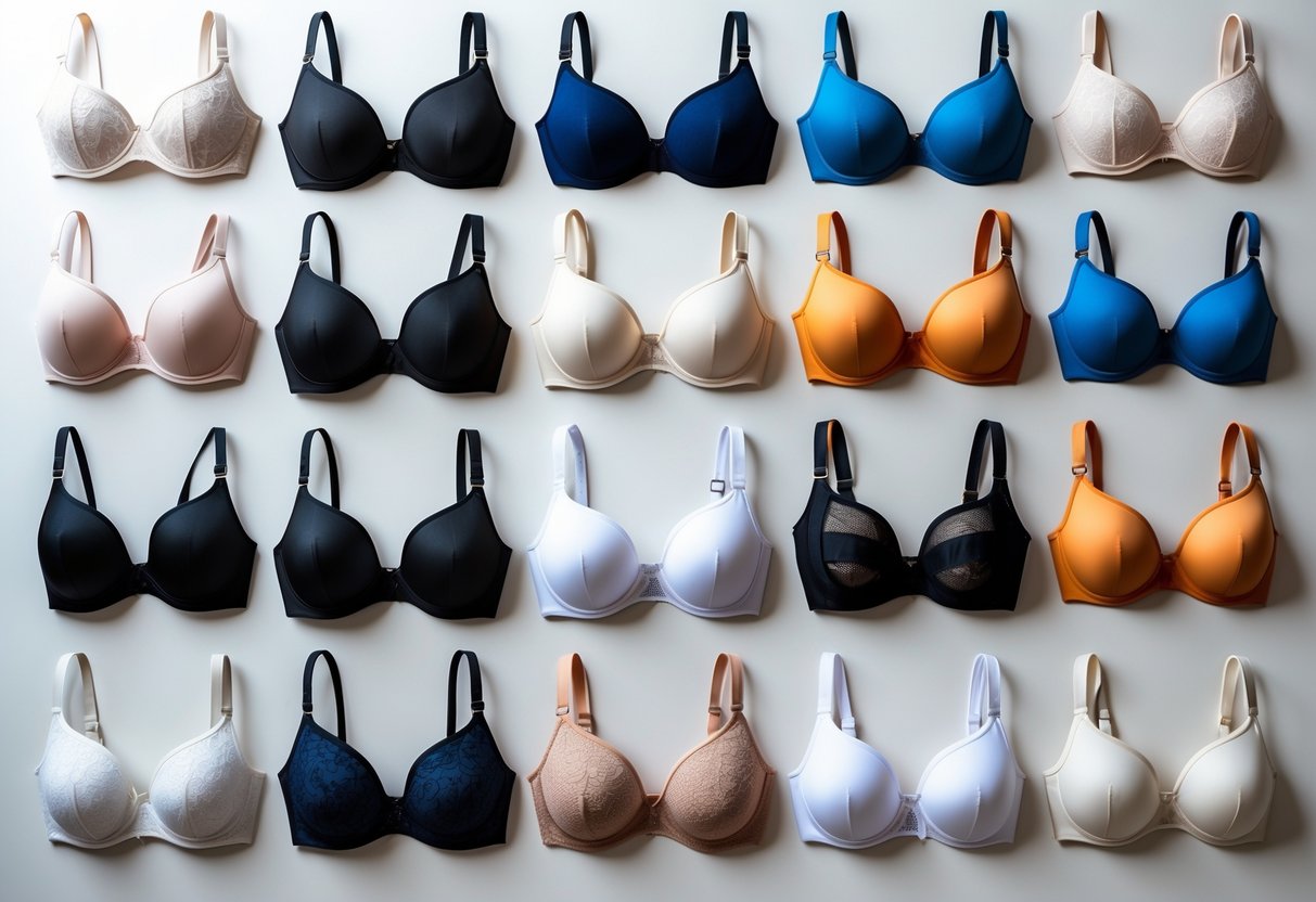 A collection of 29 scoop neck bras in various styles and colors arranged neatly on a neutral background.
