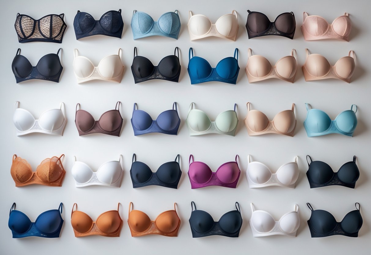 A collection of 29 different bandeau bras displayed neatly on a white background.