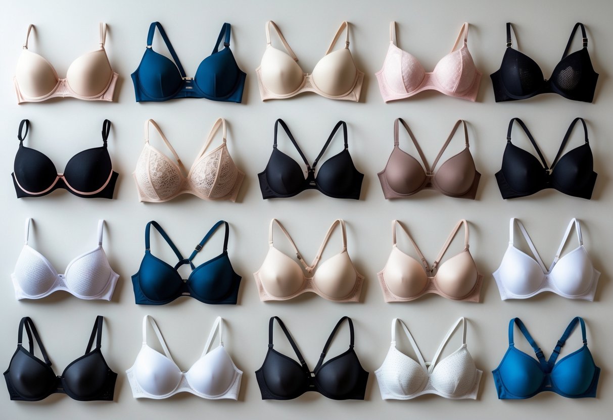A collection of 29 different types of bras arranged neatly on a plain background, showing various styles and colors.