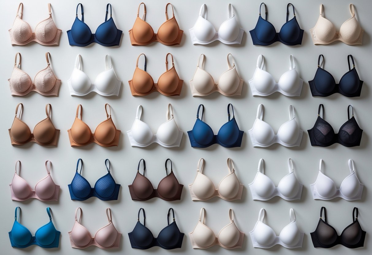 A collection of 29 different types of contour bras arranged neatly on a neutral background.