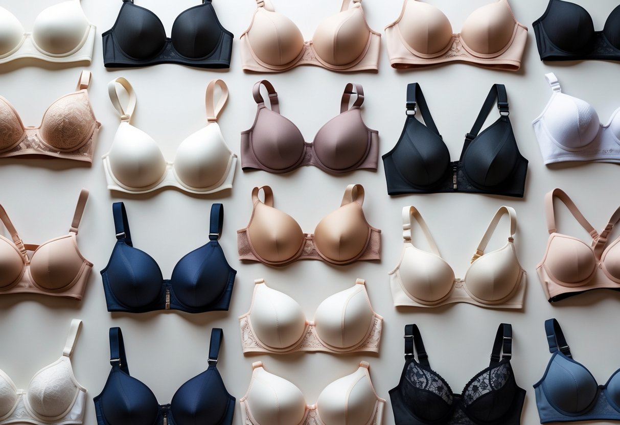 A neatly arranged collection of various bras in different styles and colors displayed on a plain background.