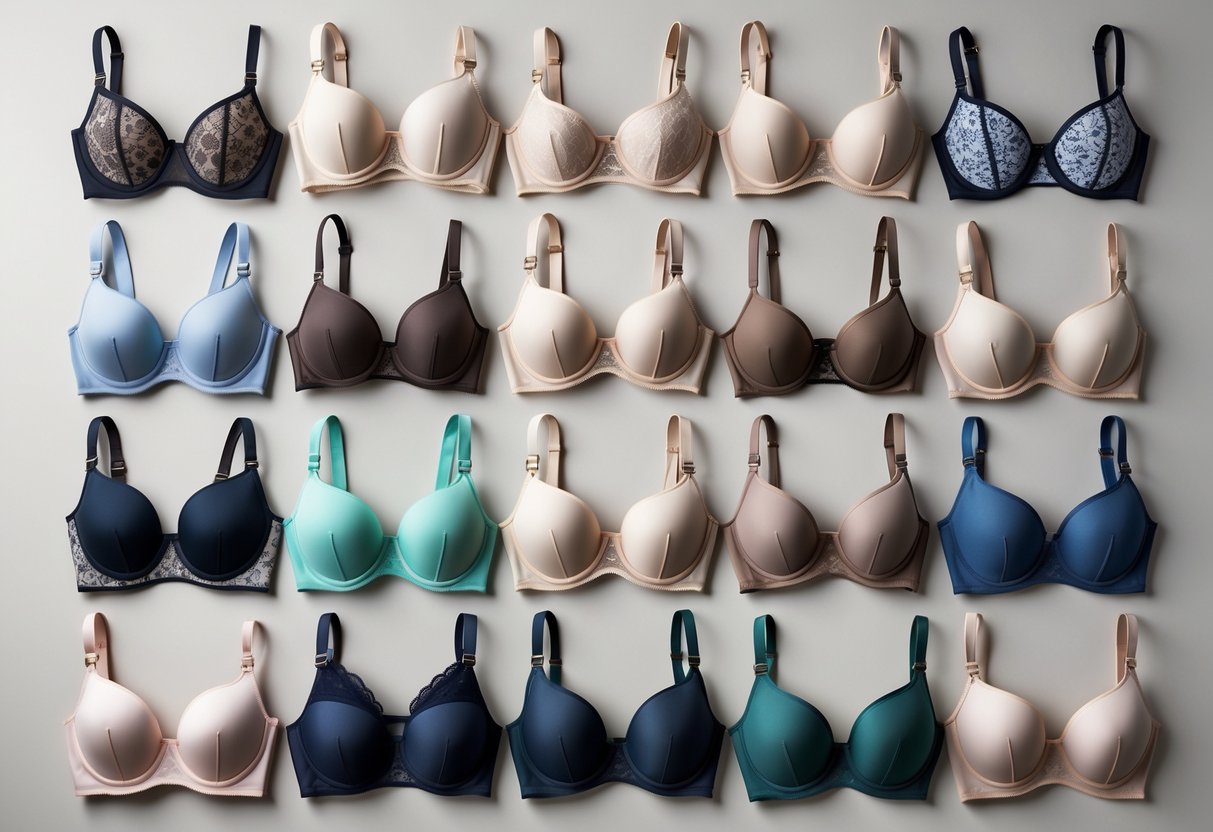 A neatly arranged collection of 29 different types of bras displayed on a neutral background, showing a variety of styles and designs.