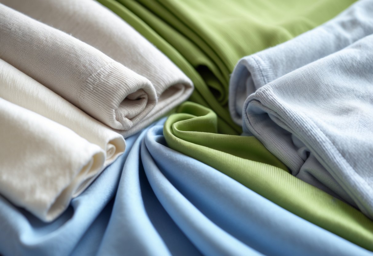 Close-up of different types of soft fabrics suitable for making t-shirts arranged neatly on a plain background.