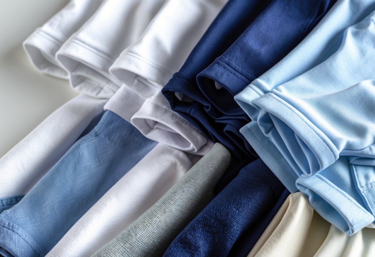 Close-up view of folded golf shirts made from different fabrics arranged neatly on a plain surface.
