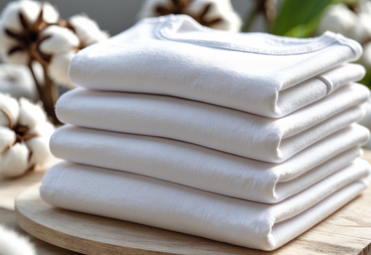 Stack of white cotton t-shirts on a wooden surface with cotton plants in the background.