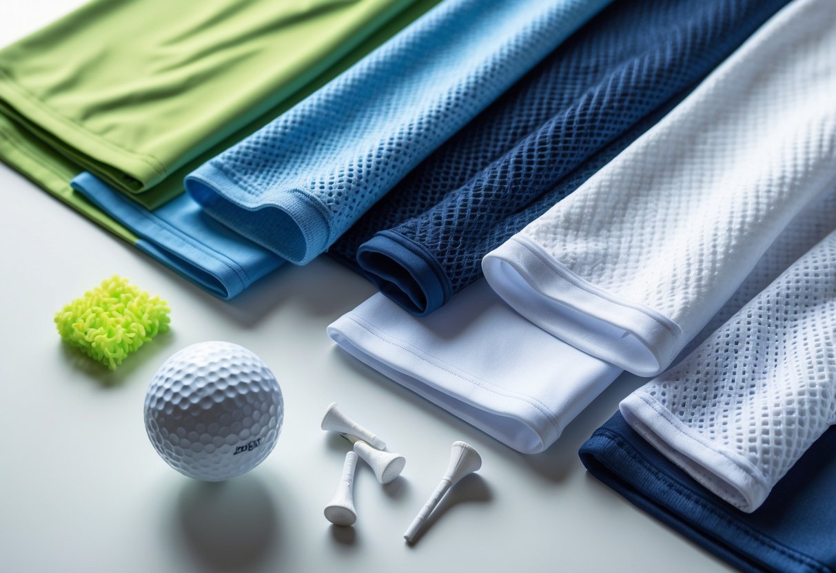 Flat lay of different golf shirt fabric samples with golf accessories on a white surface.