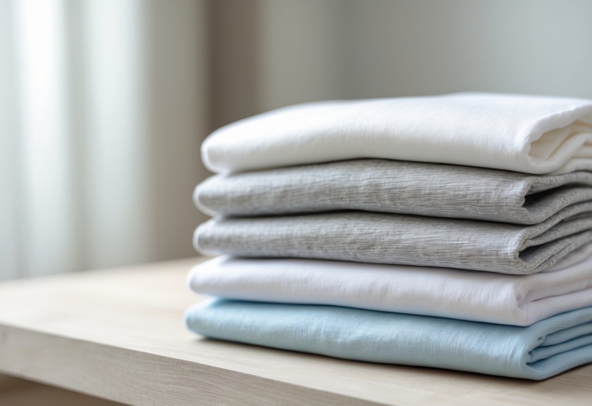 Stack of folded t-shirts made from polyester-cotton blend fabric on a wooden surface.