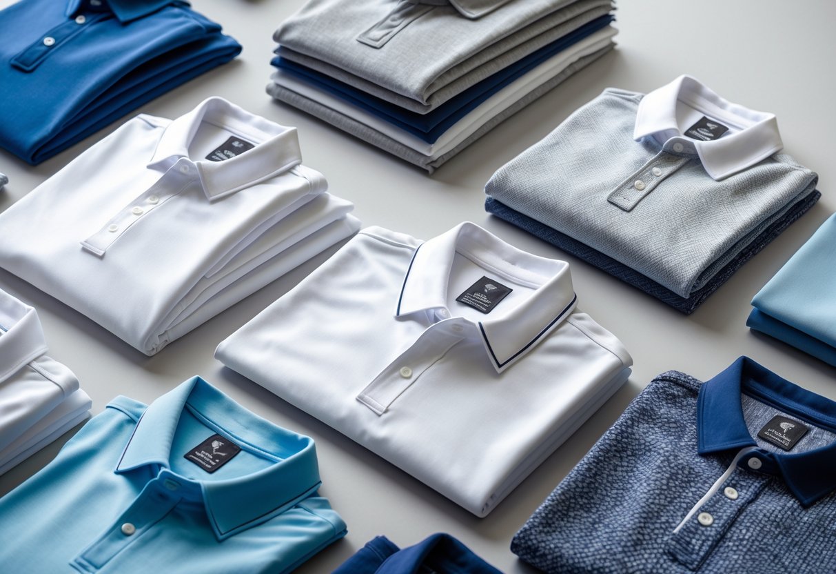 An assortment of folded golf shirts made from different fabrics arranged on a neutral background, showing various textures and stitching details.