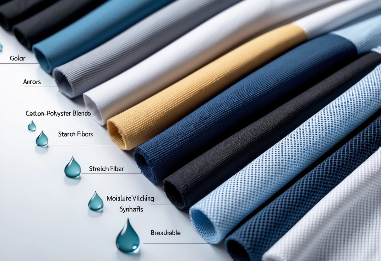 Close-up view of different golf shirt fabric samples showing various textures and materials with visual cues representing water resistance, stretch, and breathability.