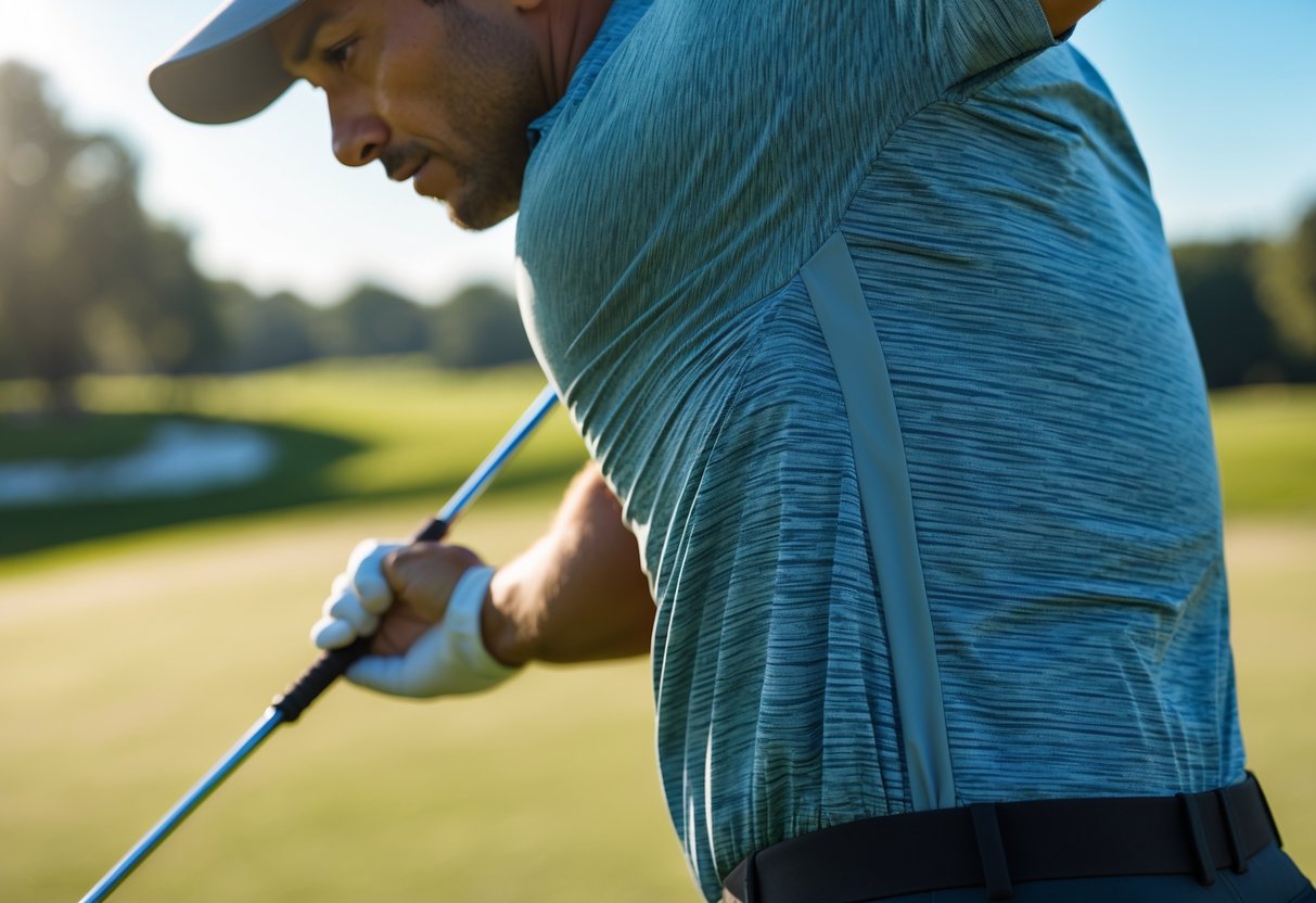 A male golfer swinging a club outdoors wearing a lightweight golf shirt made from breathable fabric on a sunny golf course.