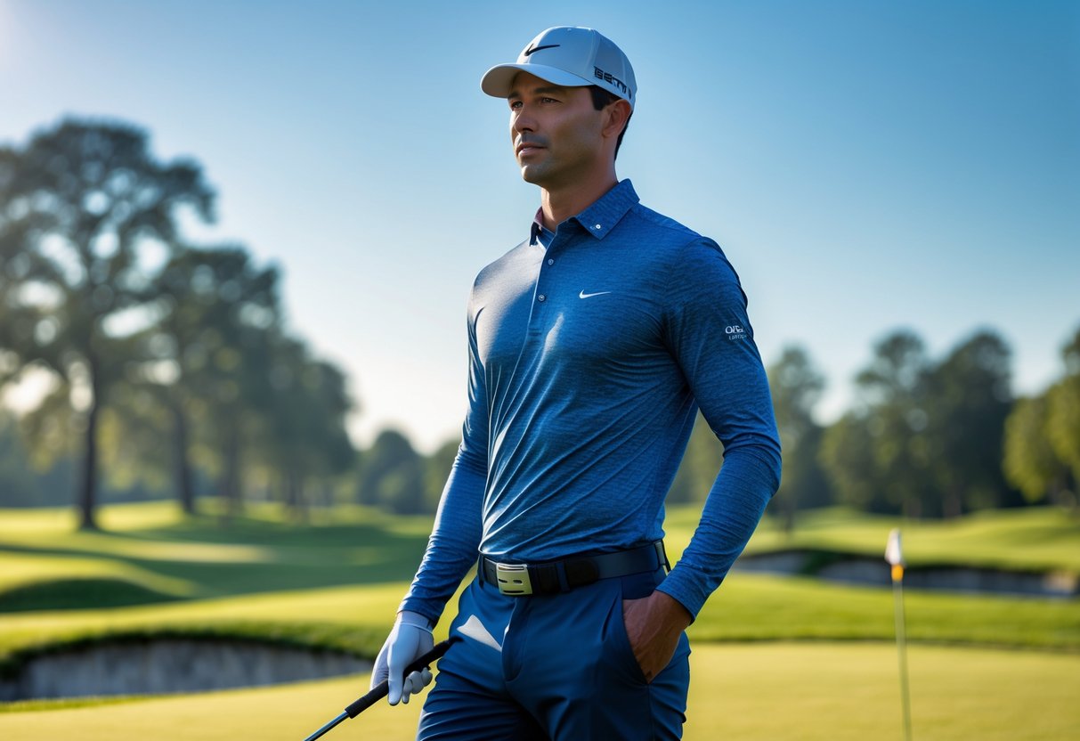 A man swinging a golf club on a sunny golf course wearing a lightweight golf shirt.