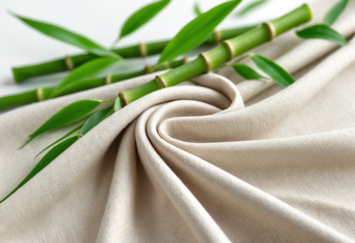 Close-up of soft bamboo fabric with green bamboo stalks and leaves in the background.