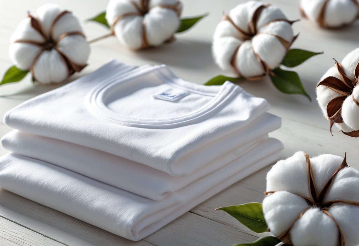 A folded white cotton t-shirt next to cotton plant bolls on a wooden surface.
