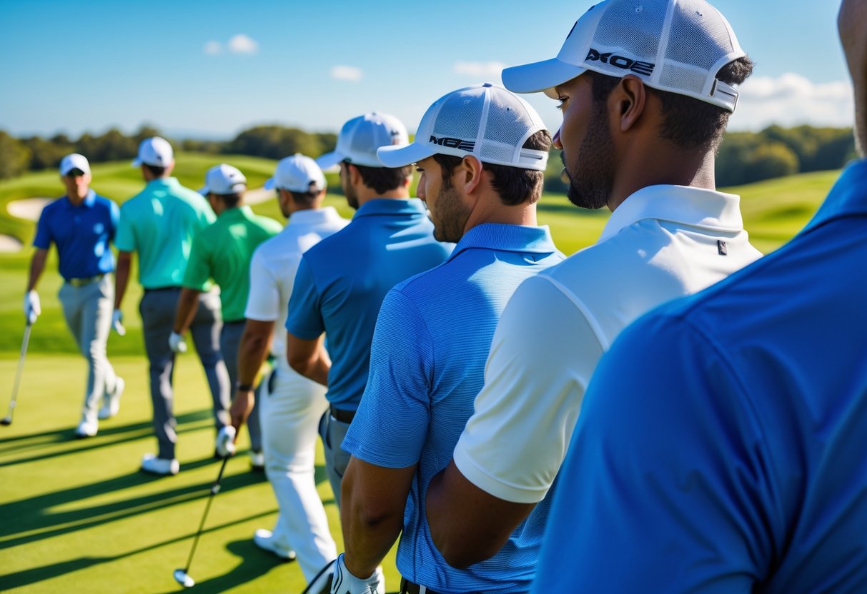 A group of people playing golf on a sunny course wearing different golf shirts, with green grass and blue sky in the background.