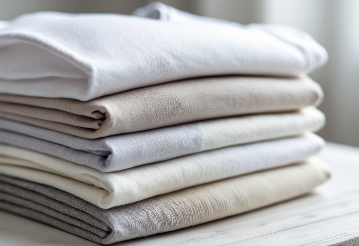 Stack of neatly folded soft cotton t-shirts on a wooden surface showing detailed fabric texture.