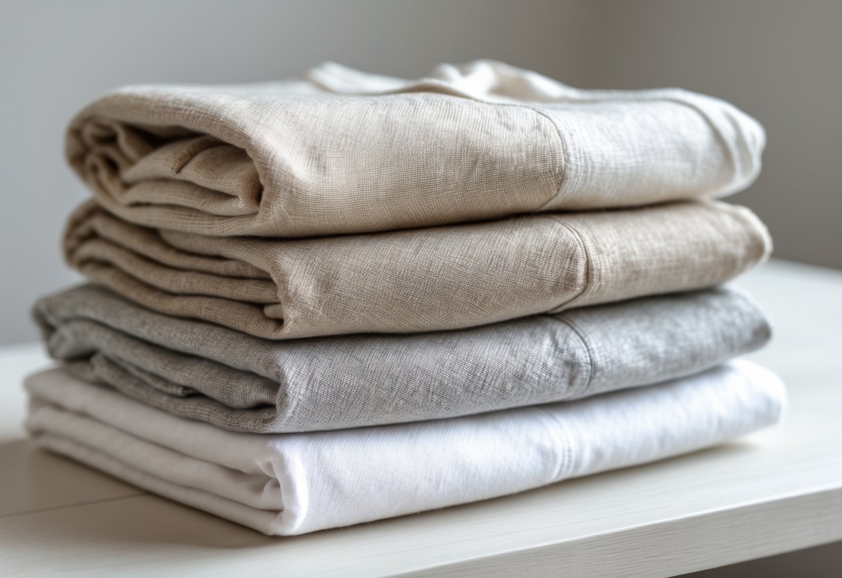 Stack of neatly folded linen-cotton blend t-shirts in neutral colors on a wooden surface.