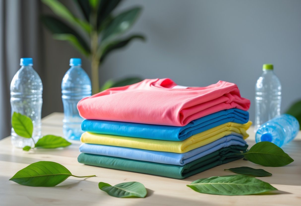 A stack of colorful t-shirts made from recycled polyester with green leaves and recycled plastic bottles on a wooden surface.