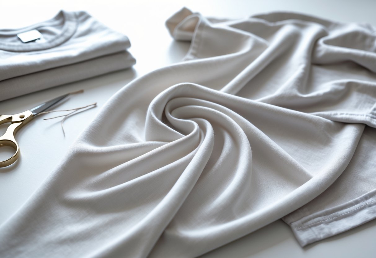 Close-up of soft, smooth modal fabric with a folded t-shirt, sewing needle, thread, and scissors on a clean surface.
