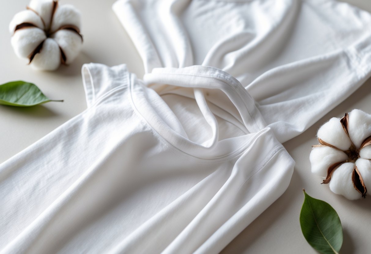 A neatly folded white t-shirt made from soft cotton fabric with cotton bolls nearby on a plain background.