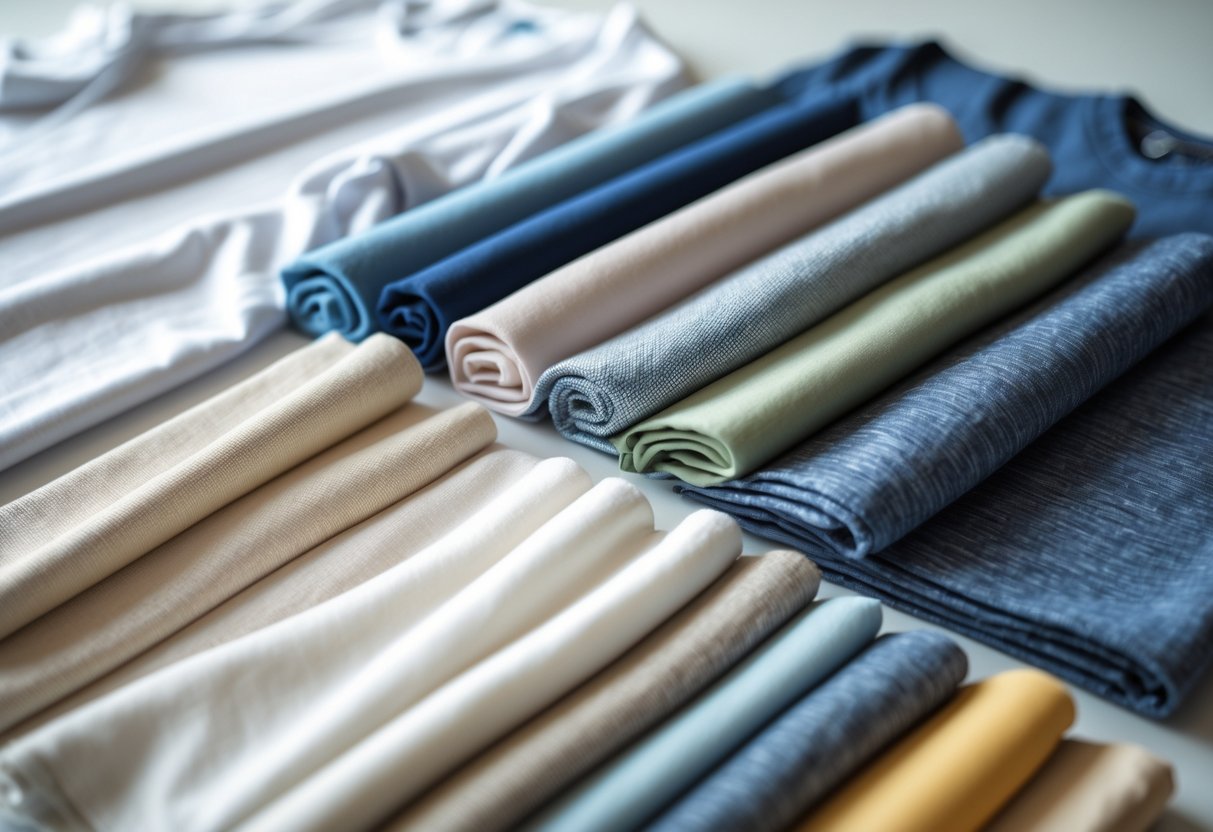 Close-up of different fabric swatches arranged on a white surface with a white t-shirt partially visible in the background.