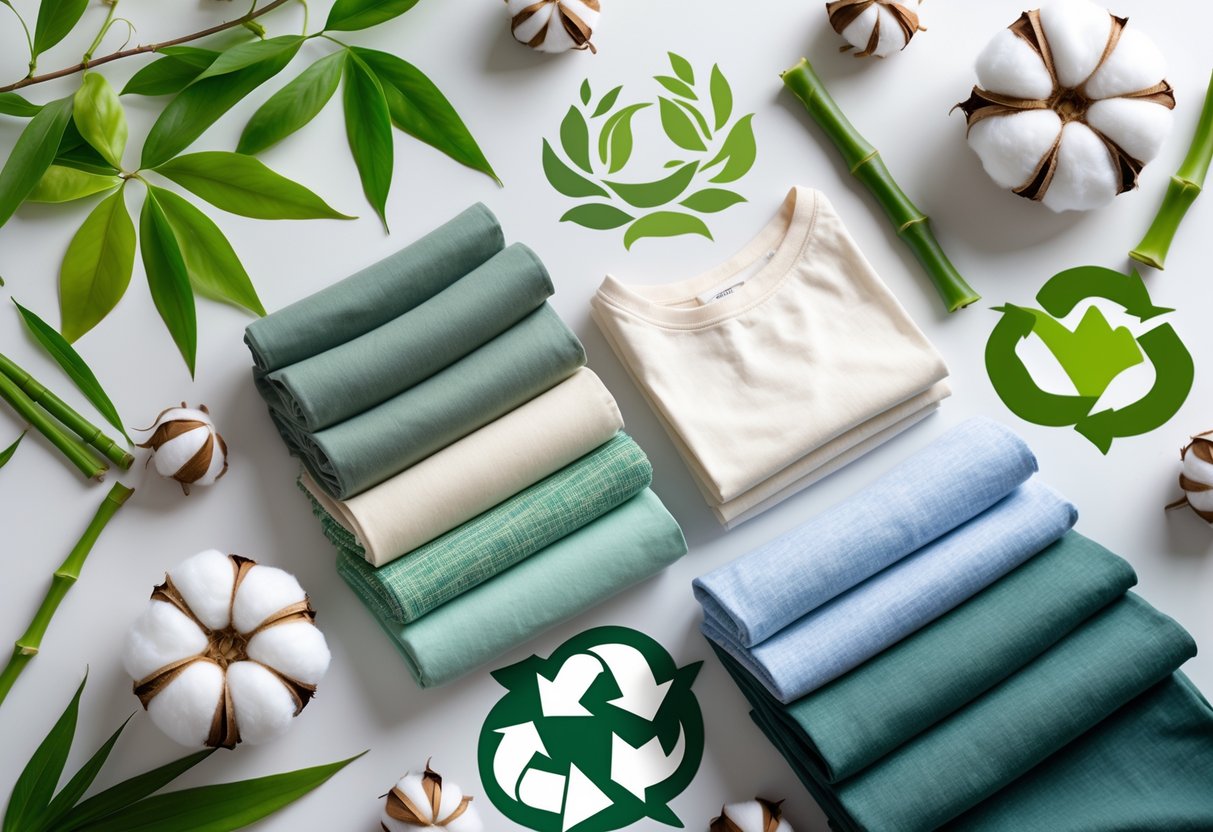 Flat lay of various t-shirt fabric swatches with natural elements representing sustainability and environmental impact.