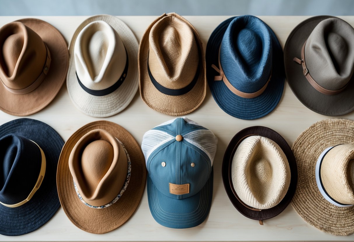 A collection of different types of hats arranged on a wooden surface, including a fedora, sun hat, beanie, baseball cap, cowboy hat, beret, straw hat, and bucket hat.