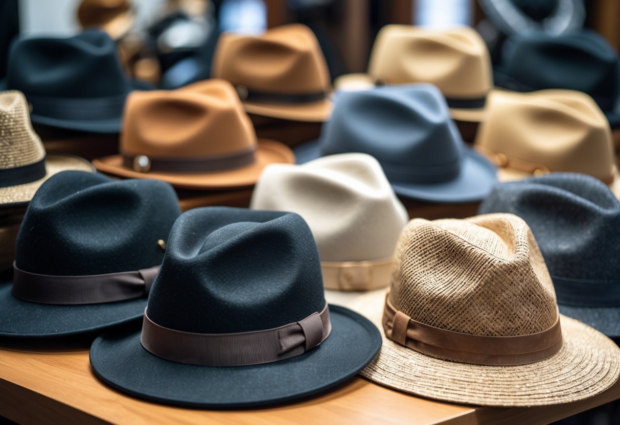 A display of various fedora hats in different colors and materials arranged on a wooden table.