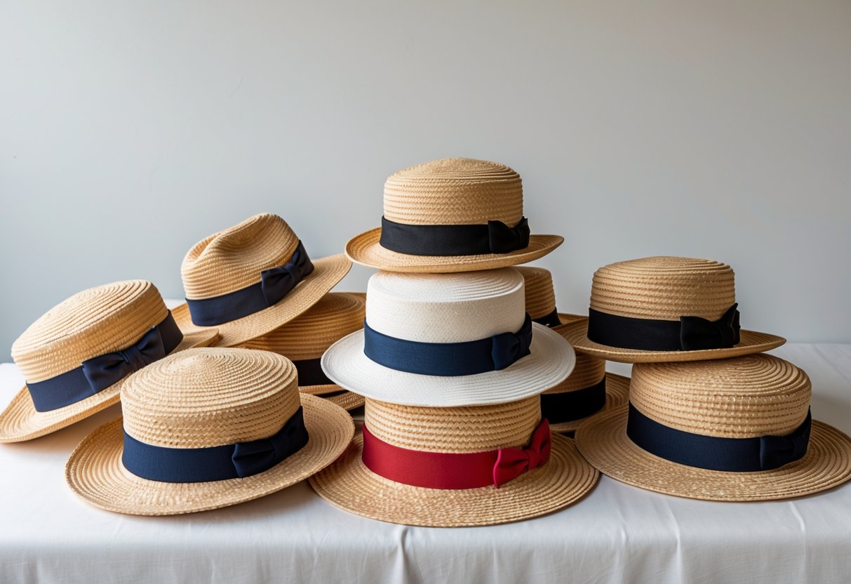 A collection of different boater hats made of straw with ribbon bands arranged on a plain surface.