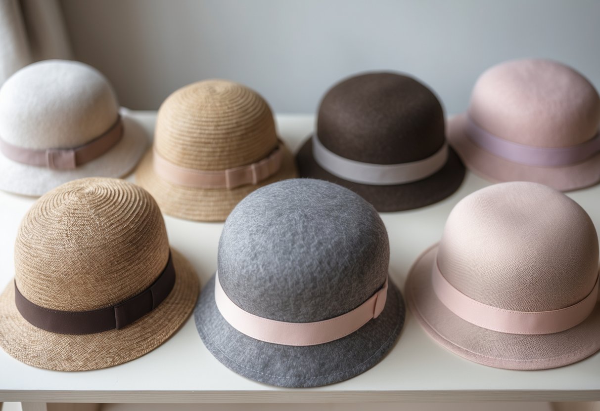 A collection of cloche hats in different colors and materials arranged on a wooden surface.