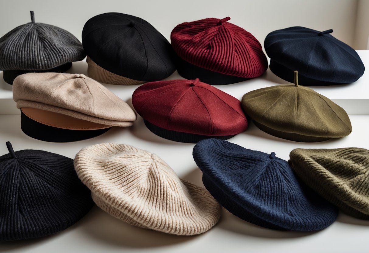 An assortment of beret hats in different styles and colors arranged on a plain background.
