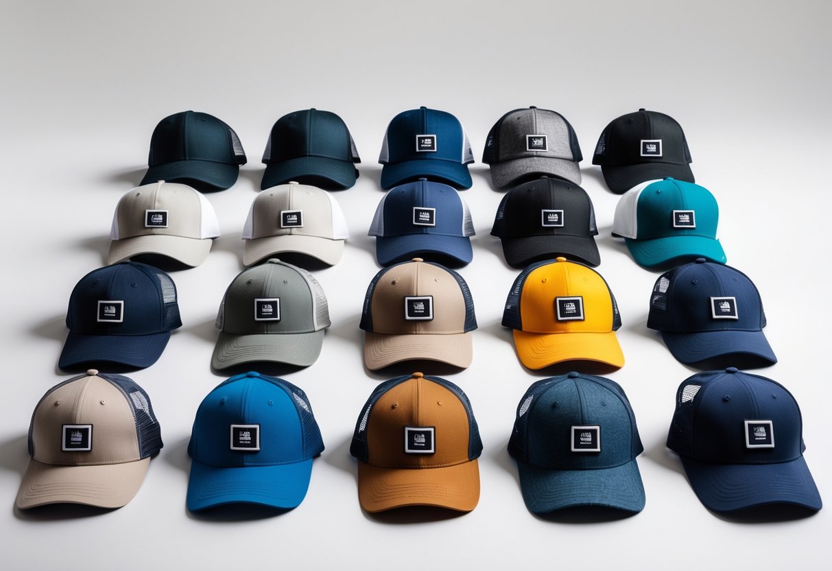 A selection of different types of baseball caps arranged on a plain background.