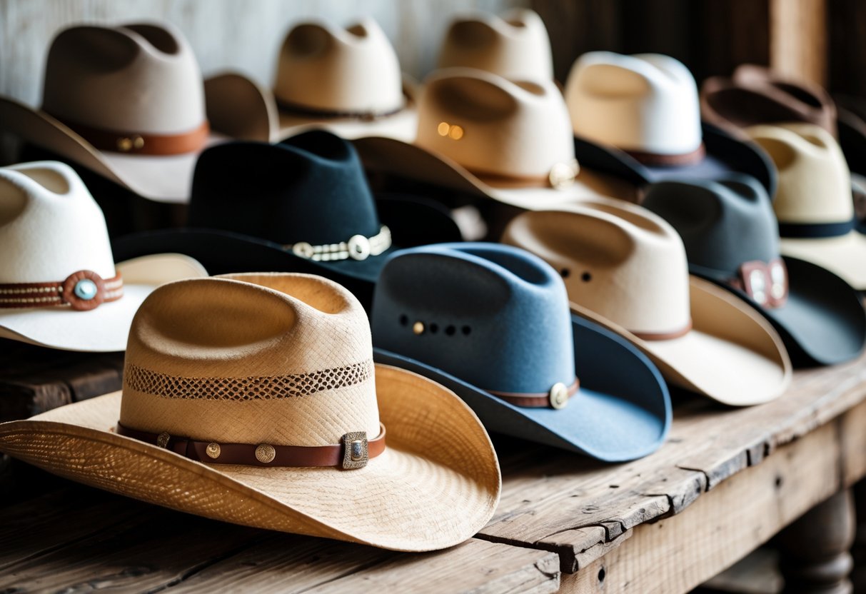 A collection of different cowboy hats arranged on a wooden table, showing various styles and materials.