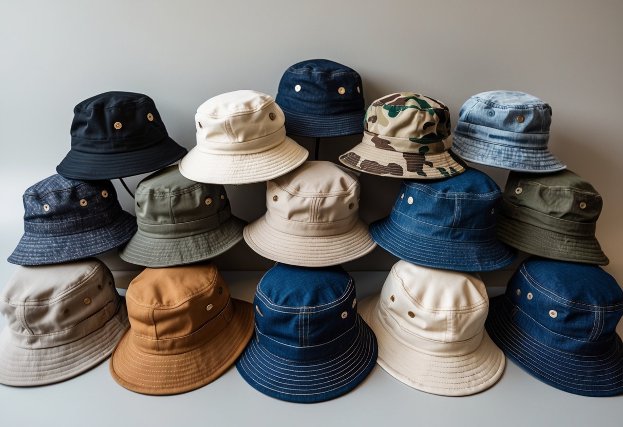 A collection of different bucket hats in various colors and patterns arranged on a plain background.